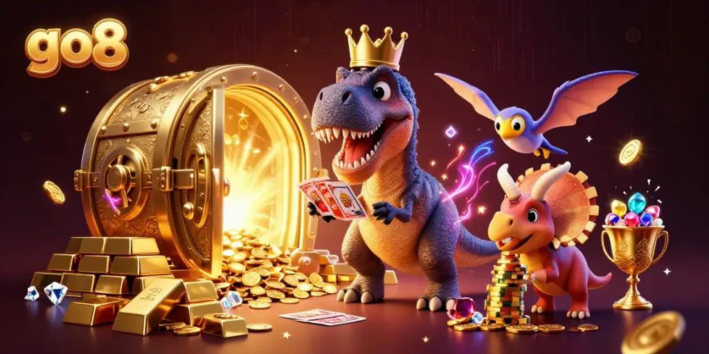 Win big with go8 as a T-Rex shuffles cards and a pterodactyl assists amidst sparkling treasures!