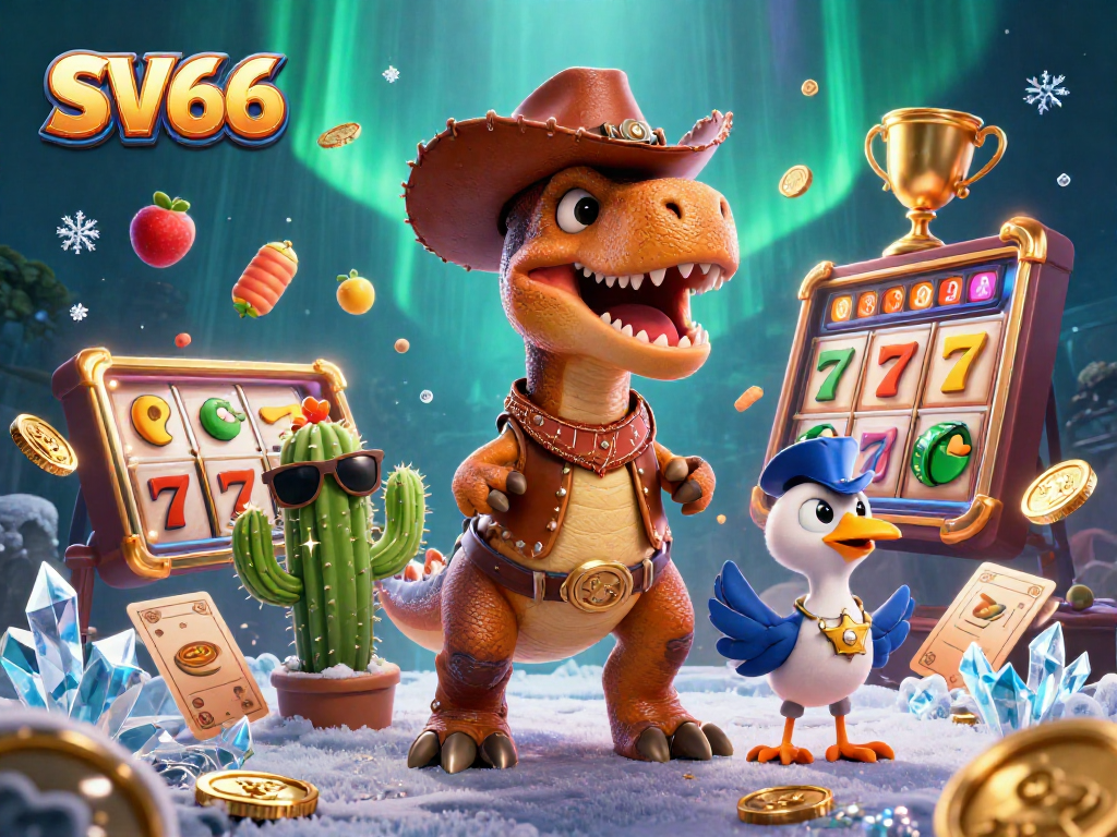 Experience the thrill of SV66 with vibrant slot games featuring T-Rex and friends in a dynamic casino scene.