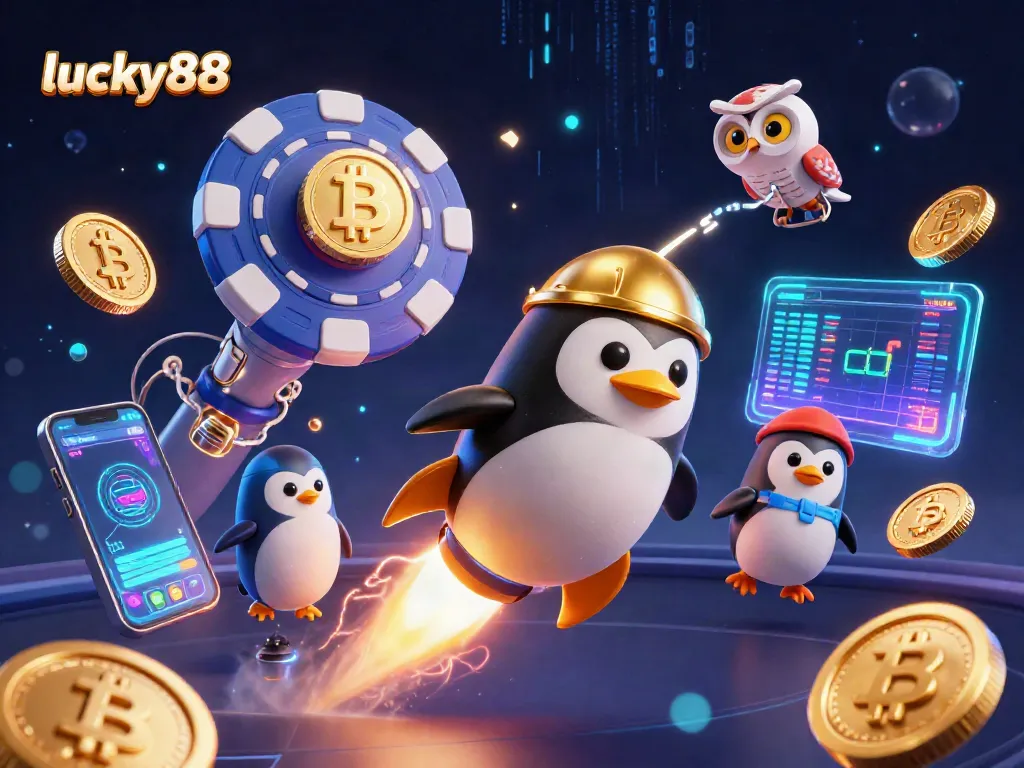 Experience thrilling wins with lucky88 in a captivating 3D casino scene featuring a golden penguin and crypto coins.