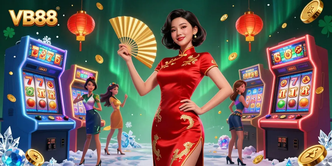 Experience thrilling games at VB88 with vibrant Asian aesthetics, slot reels, and golden coins.