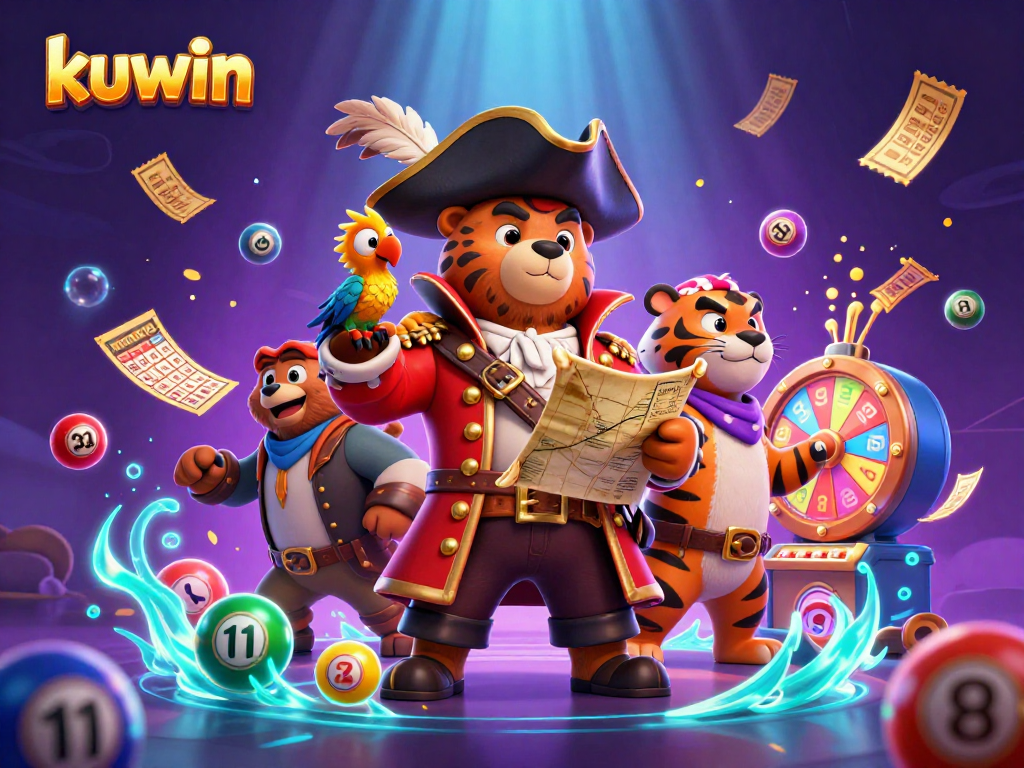 Kuwin's dynamic betting scene with cartoon characters engaging in colorful lottery games