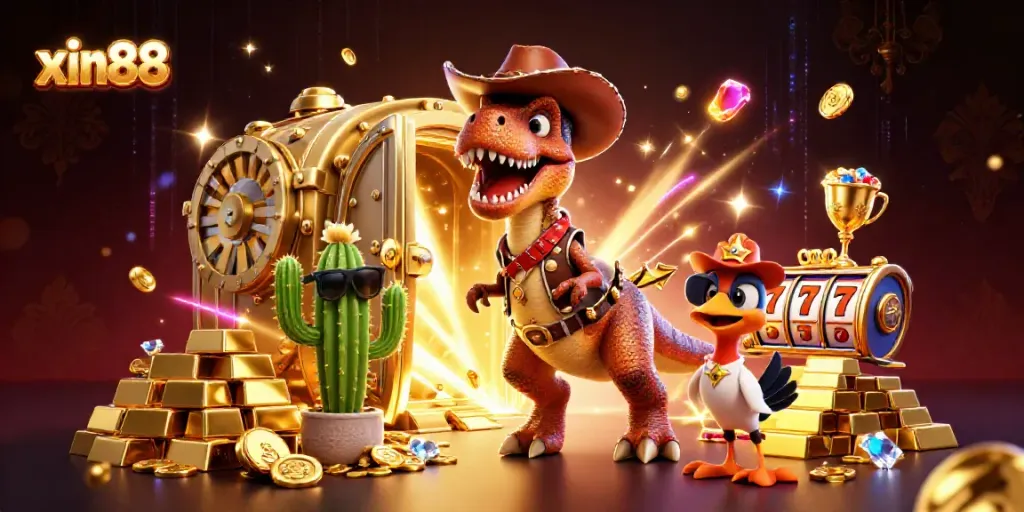 Experience thrilling fun with the xin88 slot reels in a colorful 3D casino scene with vibrant characters.