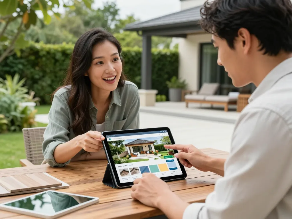 Homeowner using a veranda configurator with a designer, emphasizing personalized outdoor living.