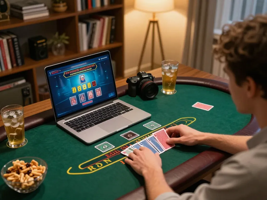 Engaging online blackjack experience at JUN88, showcasing focused gameplay and cozy atmosphere