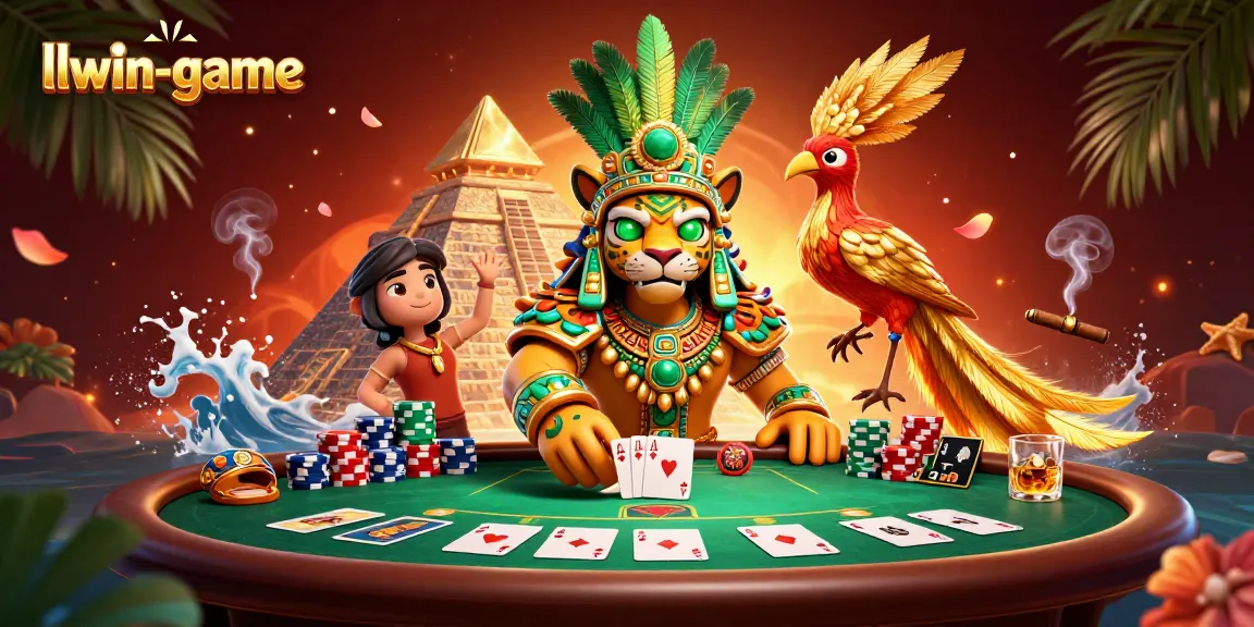 Experience the thrill of llwin-game with a vibrant 3D Mayan casino scene featuring poker excitement.