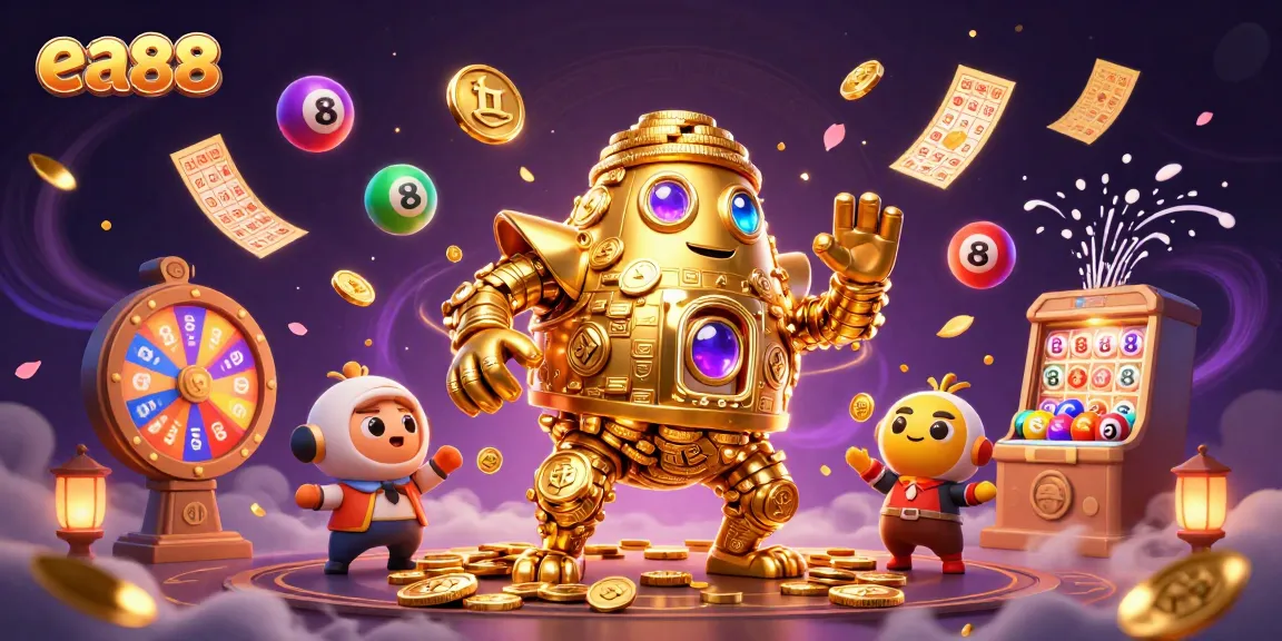 ea88 captivates gamblers with dynamic golden golems and vibrant lottery elements in a thrilling casino scene