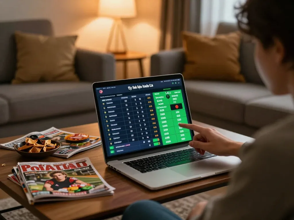 Engaging with tỷ lệ kèo nhà cái while placing sports bets on a mobile app in a cozy living room.