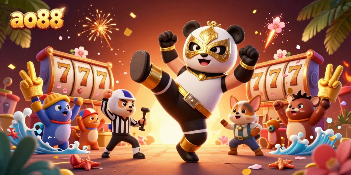 A vibrant ao88 illustration showcasing a panda wrestler kicking in front of a cheering crowd, with dynamic casino elements