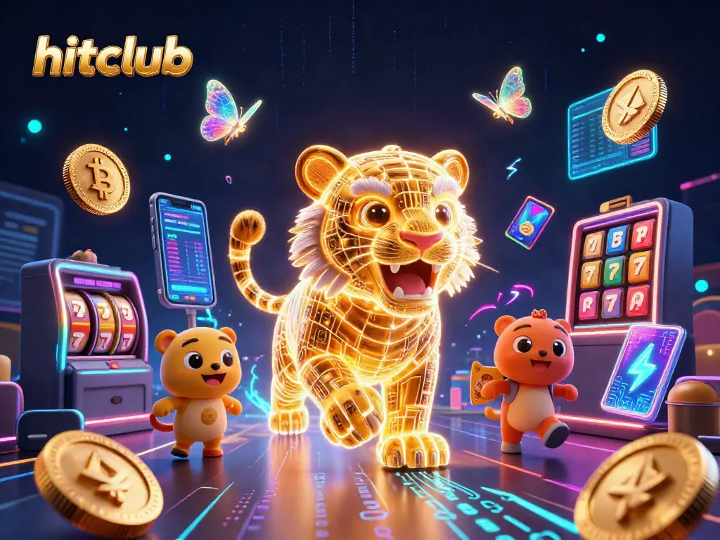 Engage with hitclub's thrilling 3D casino landscape, featuring neon energy and blockchain elements.