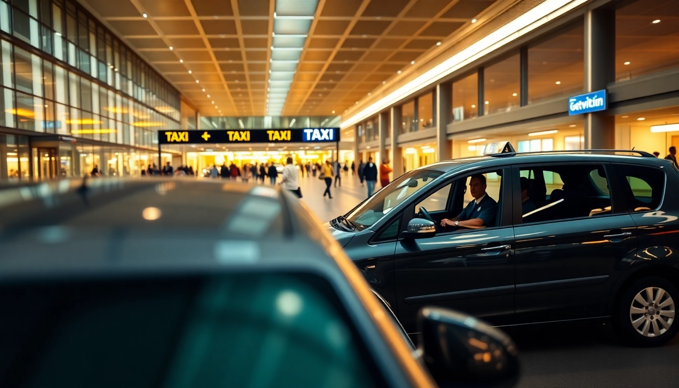 Arriving taxi for Gatwick Airport service in an urban backdrop at night.