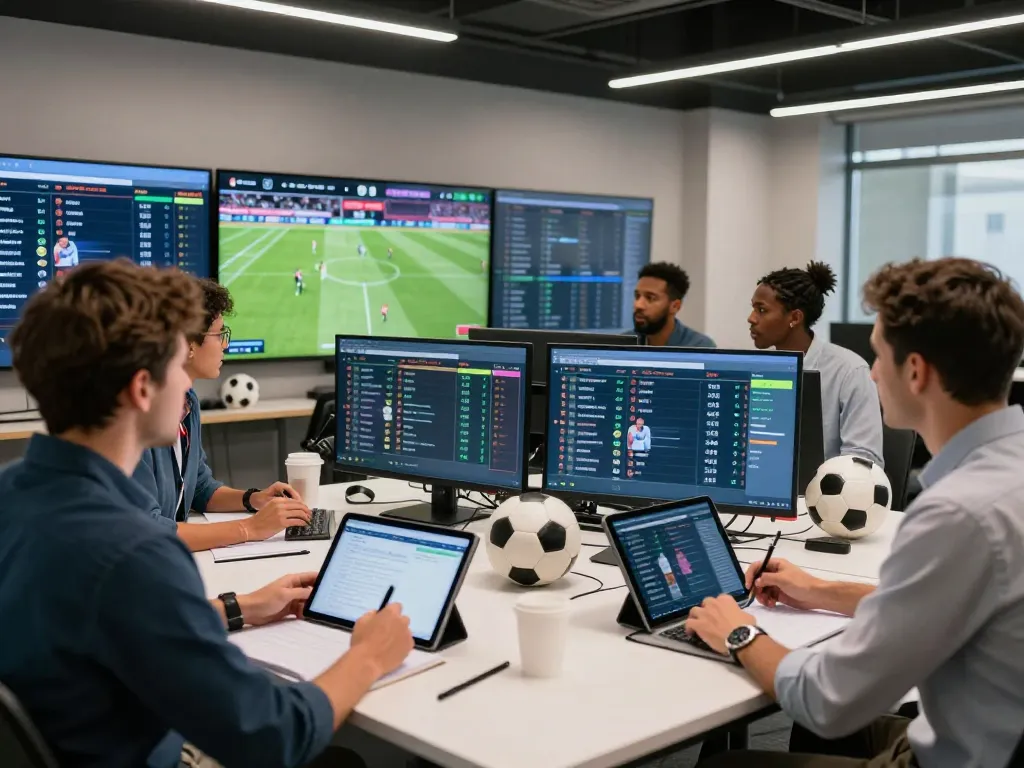 Sports analysts discussing NOWGOAL live football statistics in a vibrant office