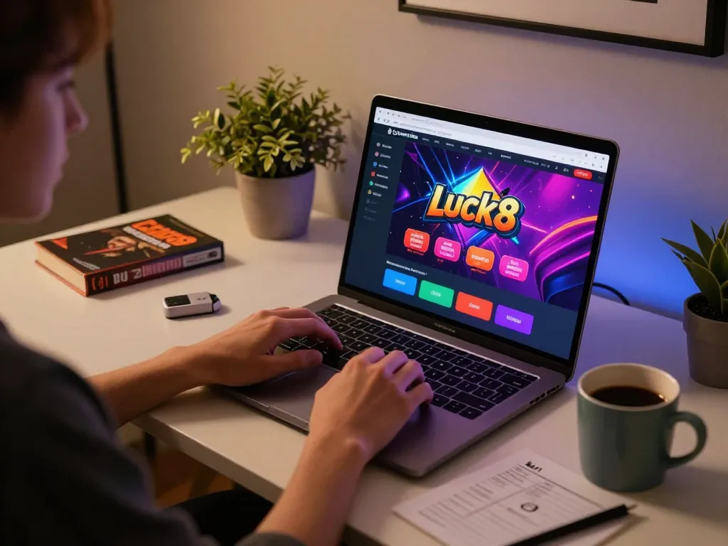 Engaging in Luck8 online gaming, showcasing a laptop with vibrant casino interface and strategic notes.