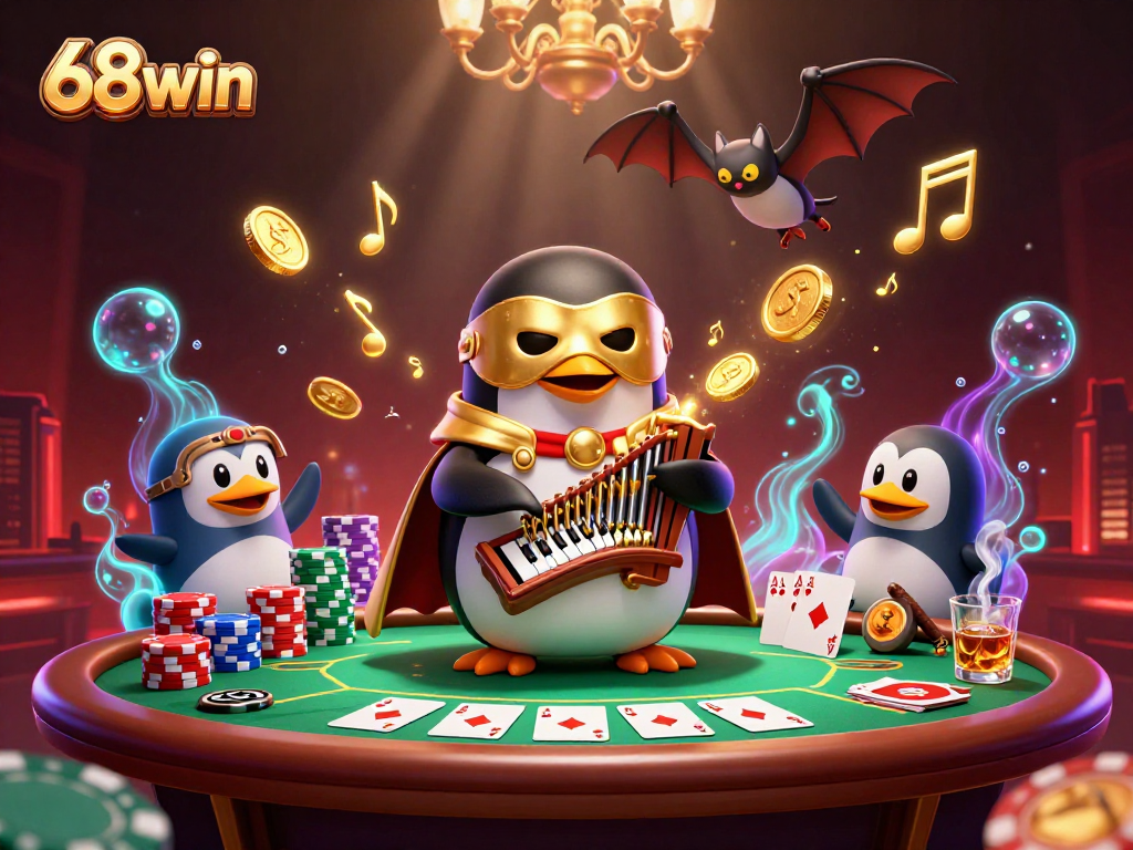 Experience the thrill of 68win as the phantom opera penguin plays while golden coins rain down in a festive casino!