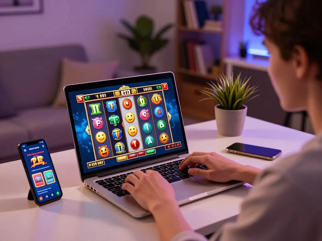 Experience Slot Malaysia excitement with an individual gaming online on a laptop, engaging with colorful slot machines.
