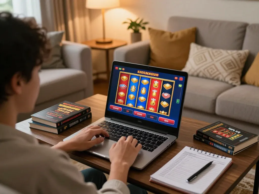 Enjoying online gambling with link sungaitoto on a laptop from a cozy living room setup.