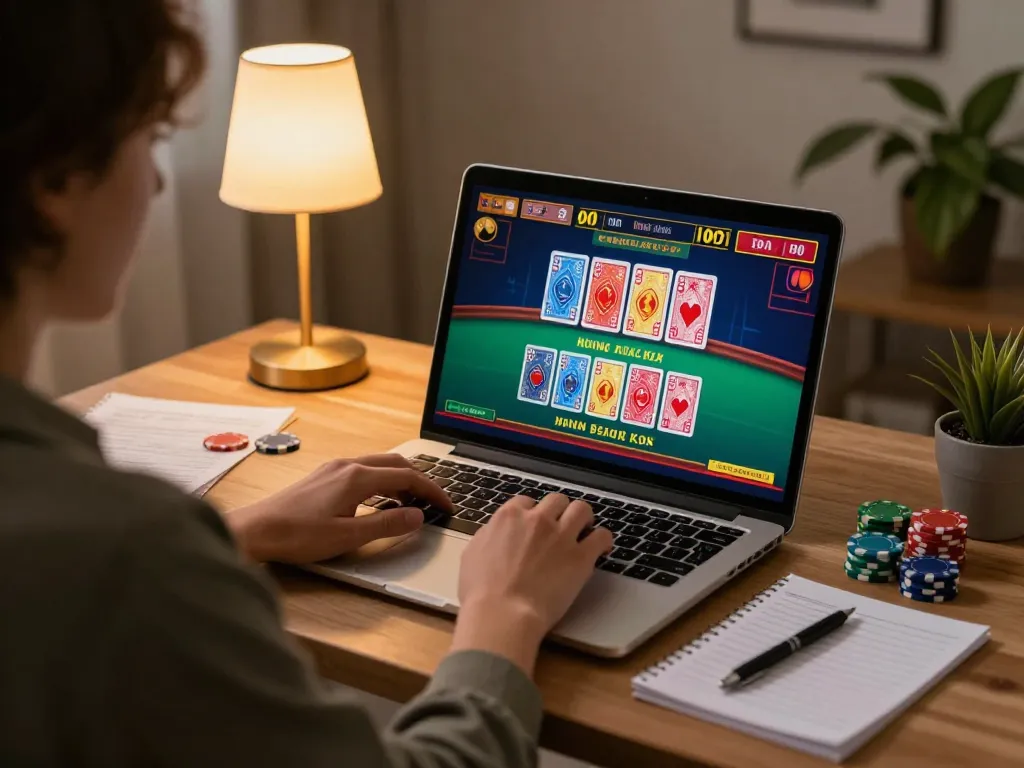 Engaging scene with a player enjoying live dealer baccarat at Nhà cái ko66, showcasing a modern home gaming setup.