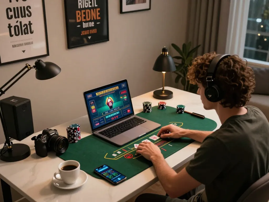 SX88 player engaging in live dealer blackjack at a modern home setup, highlighting secure online gambling.