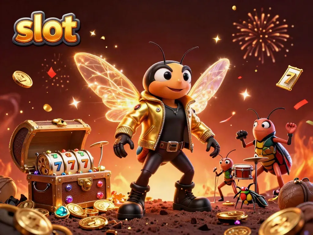 Experience the excitement of slot games with a dynamic scene featuring a rock star cicada and colorful elements.