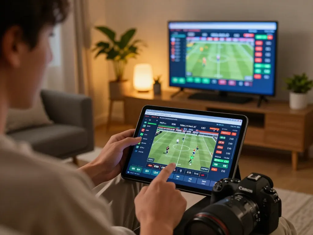 Engaged sports bettor using tablet for online betting on https://shbet.id/ with live event display