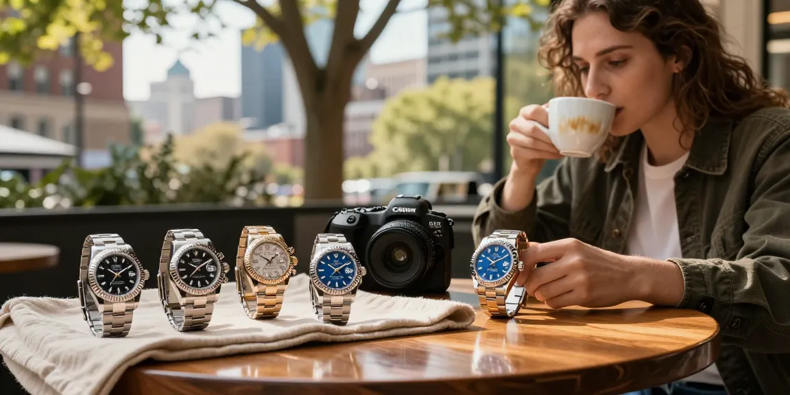 Rolex super clone watches displayed in an urban café setting, highlighting luxury and craftsmanship.