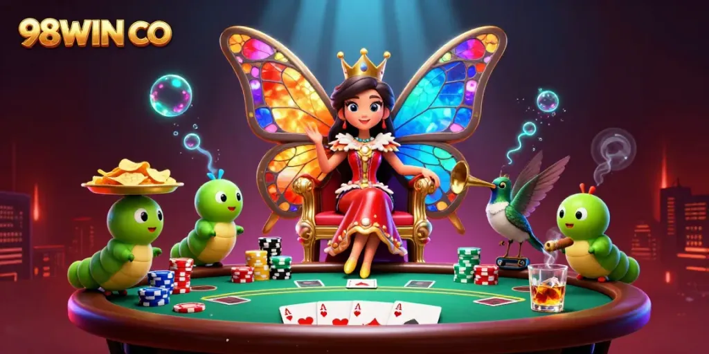 Experience the vibrant allure of 98WIN CO with a whimsical 3D casino scene featuring a butterfly queen, poker elements, and dynamic animations.