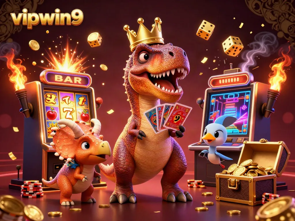 Spin the reels with vipwin9's jackpot visuals, featuring vibrant casino characters and gold coins.