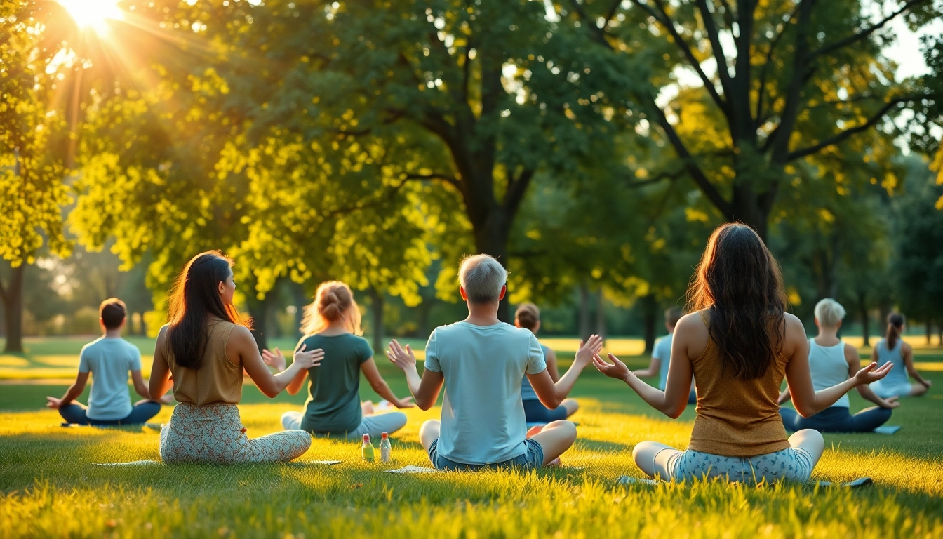 Enhancing mental wellness through group meditation in a serene park environment.