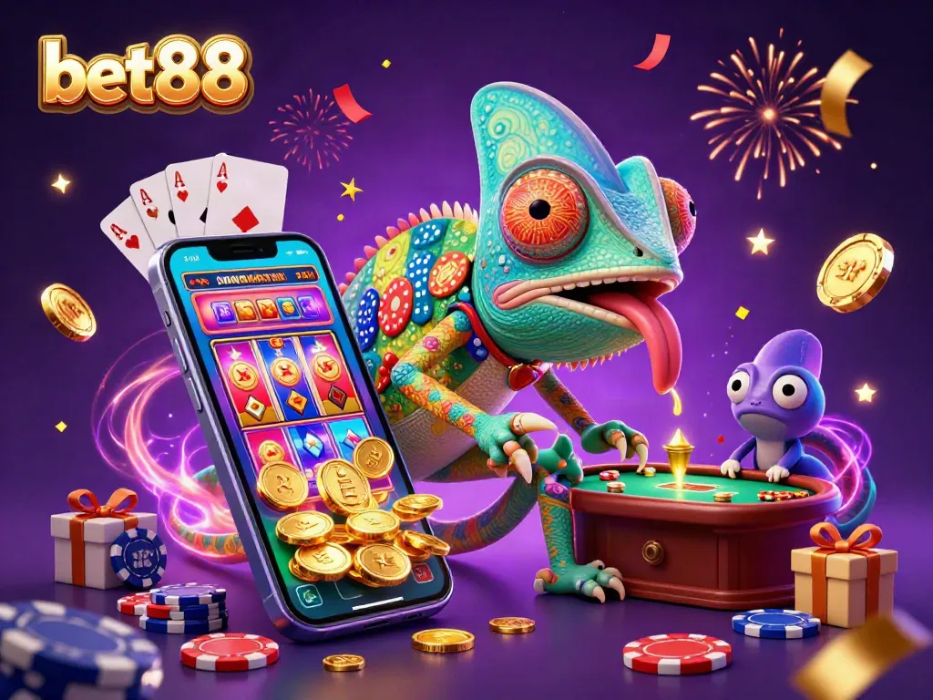 Engaging bet88 chameleon casino owner snapping up coins in a vibrant gaming scene.