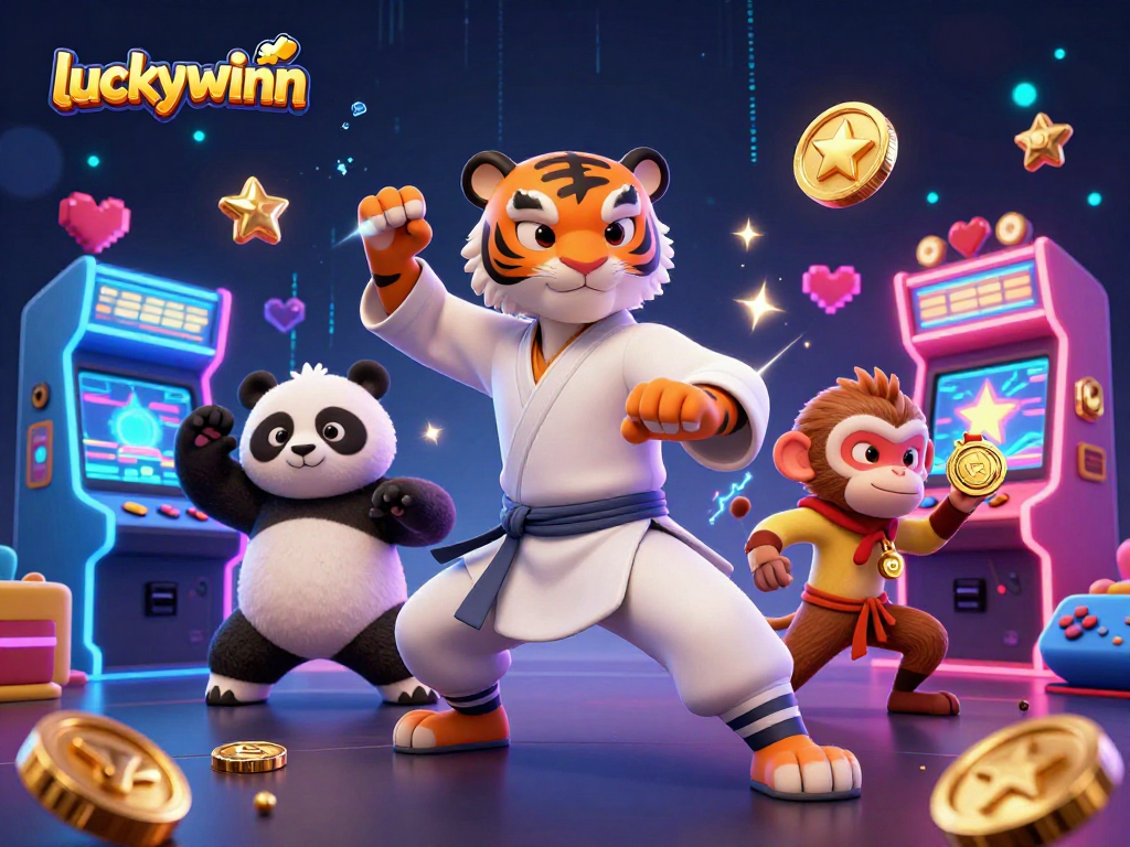 Experience the thrill at luckywinn with a vibrant 3D illustration of a kung fu tiger master and a panda disciple amidst colorful casino elements.