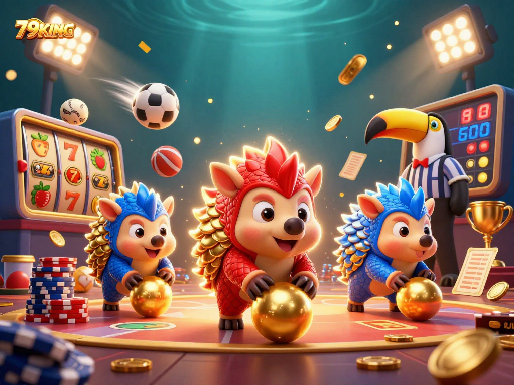 79KING pangolins rolling bowling in a dynamic slot game scene, surrounded by vibrant casino elements