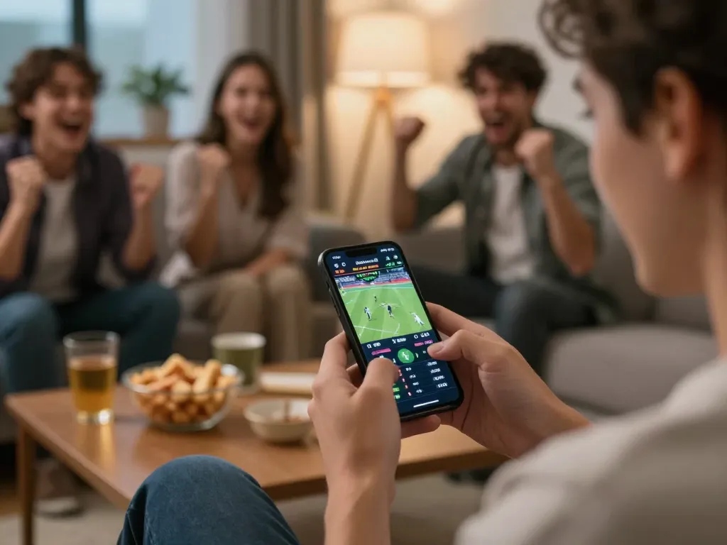 Engaged bettor using FABET app on smartphone during live sports event at home.
