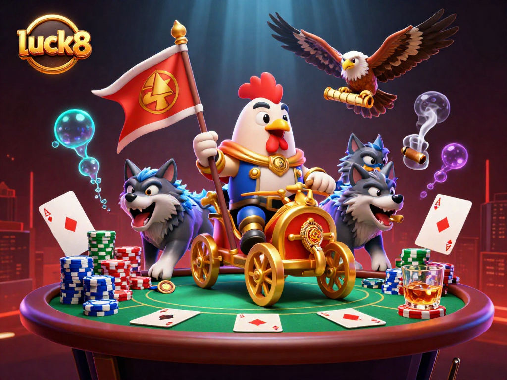 Engage with luck8's dynamic gaming scene featuring a rooster warlord amidst poker action.