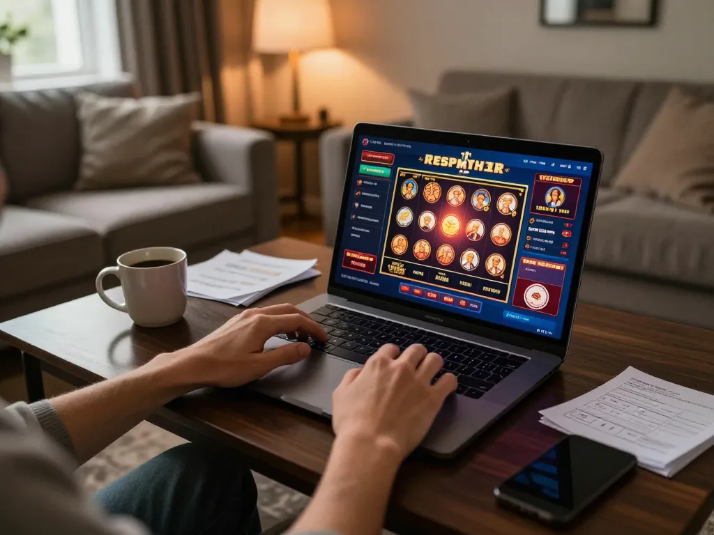 Kuwin gaming on laptop at home, showcasing dynamic casino interface and cozy atmosphere.