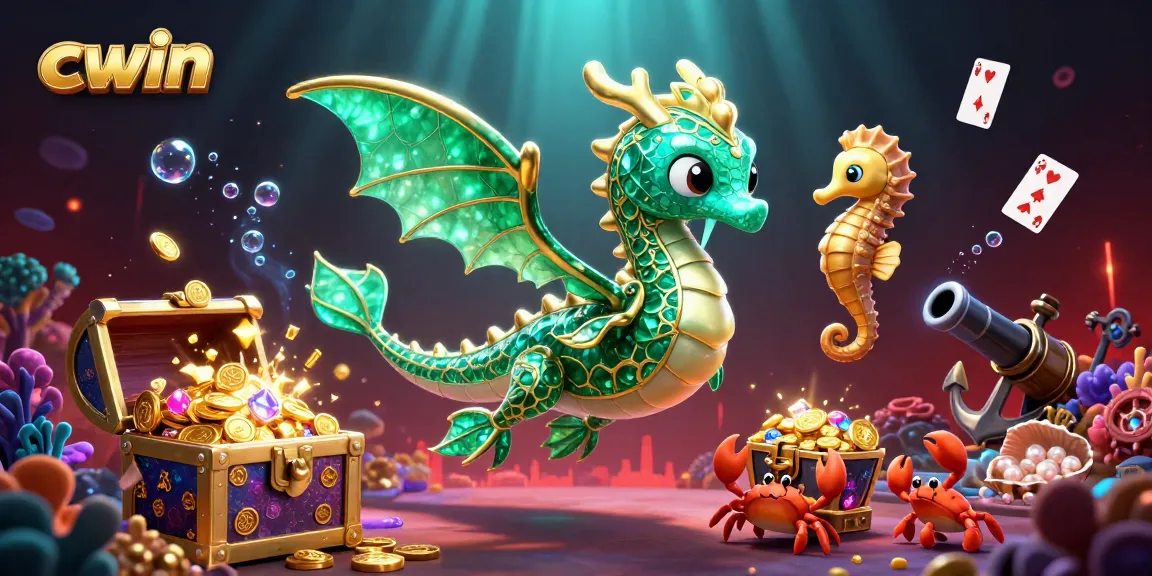 Cwin promotes a vibrant underwater casino scene with a sea dragon and treasure chest