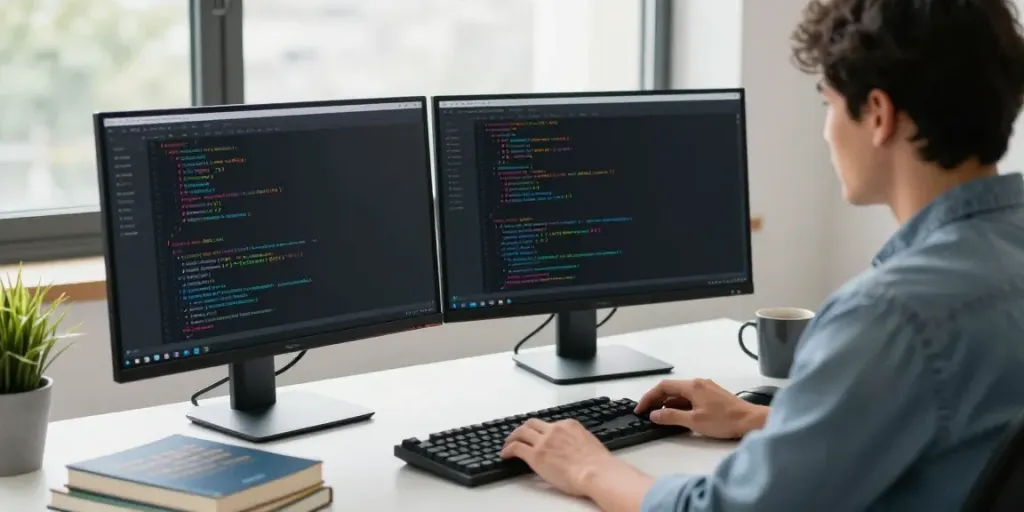 Developer visually engaging with instant indexing processes on dual monitors in a modern workspace.