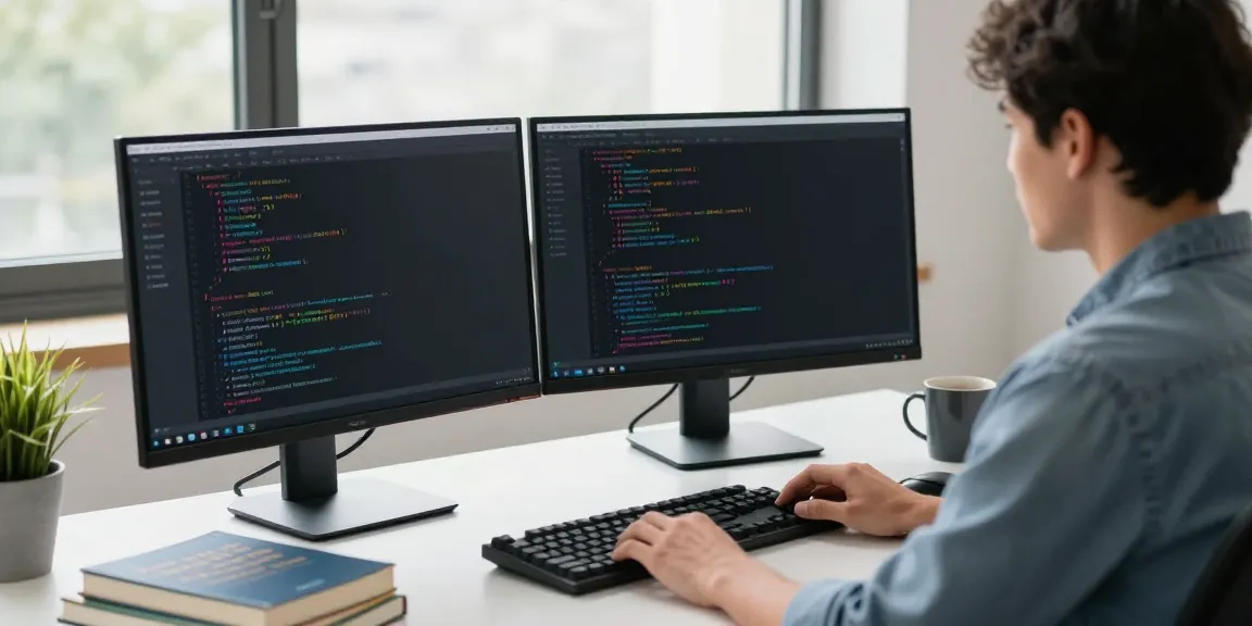 Developer visually engaging with instant indexing processes on dual monitors in a modern workspace.