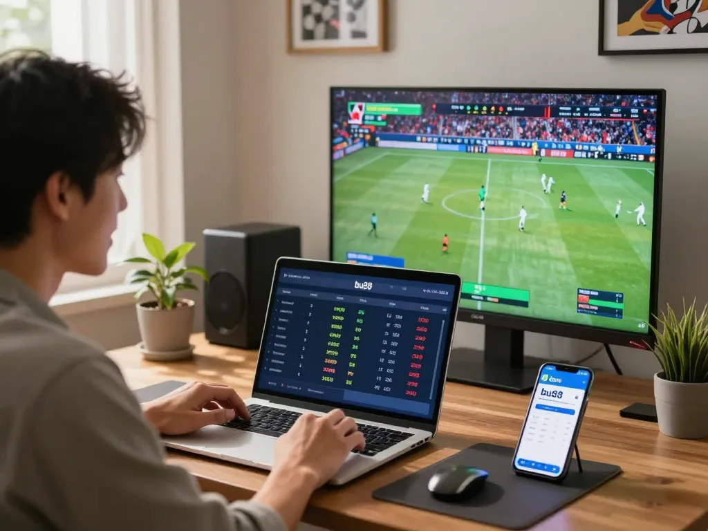 Exciting online sports betting scene with bu88 app on display, highlighting strategic betting decisions.