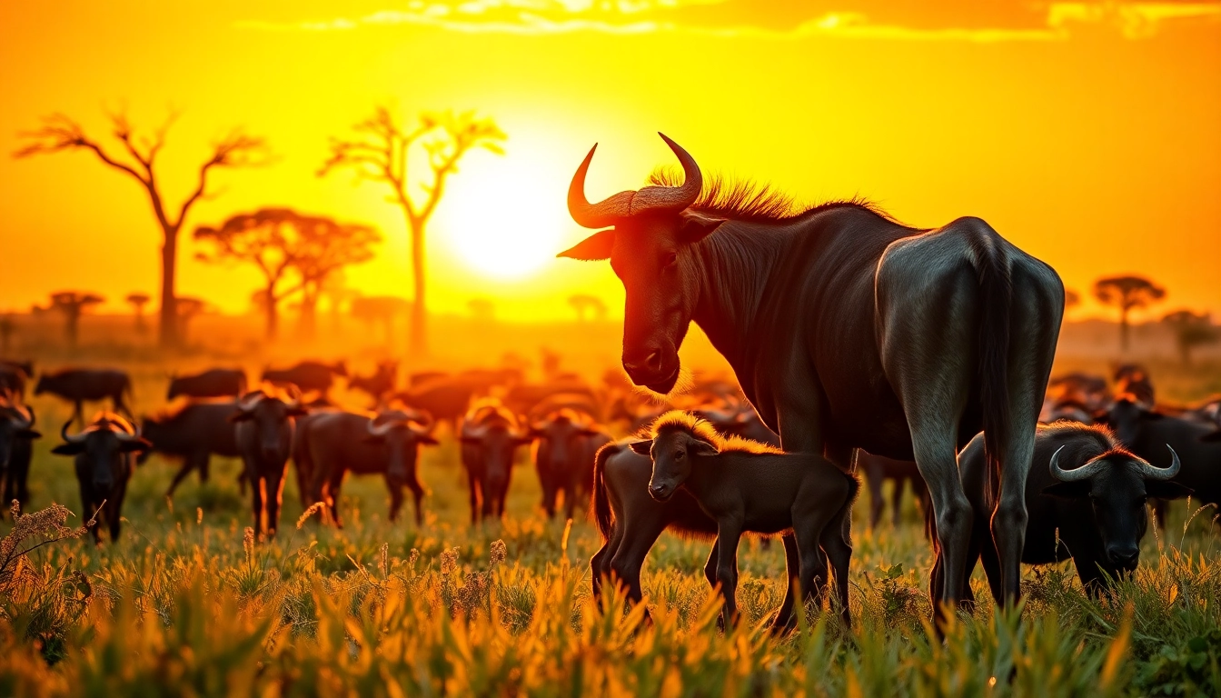 Witness the Wildebeest Calving season safari with mother and calf amid lush landscapes.