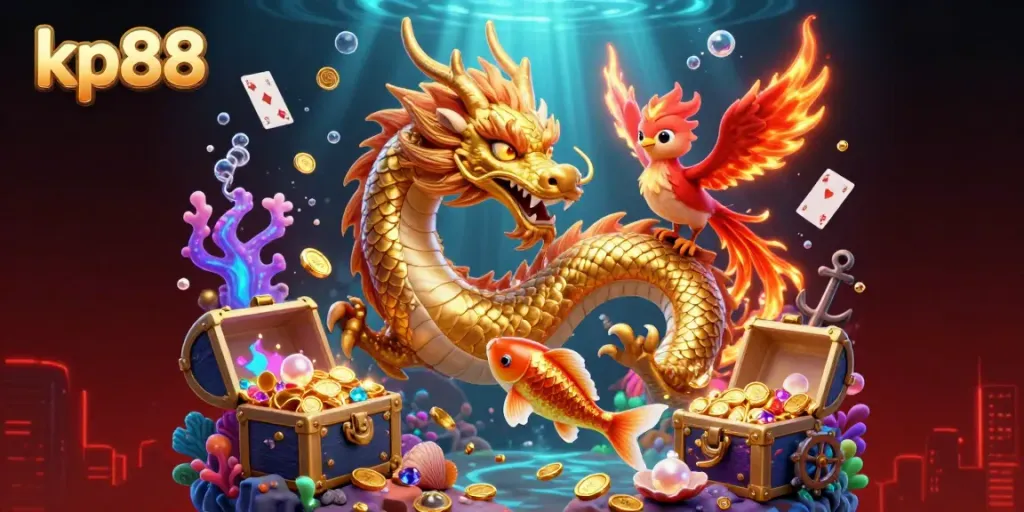 Experience exhilarating wins with kp88 as a golden dragon and phoenix soar amidst treasures and casino elements.