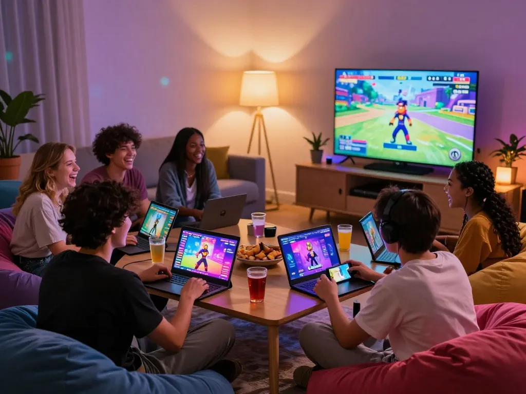 Engaged friends exploring various porn games on multiple devices in a cozy living room.