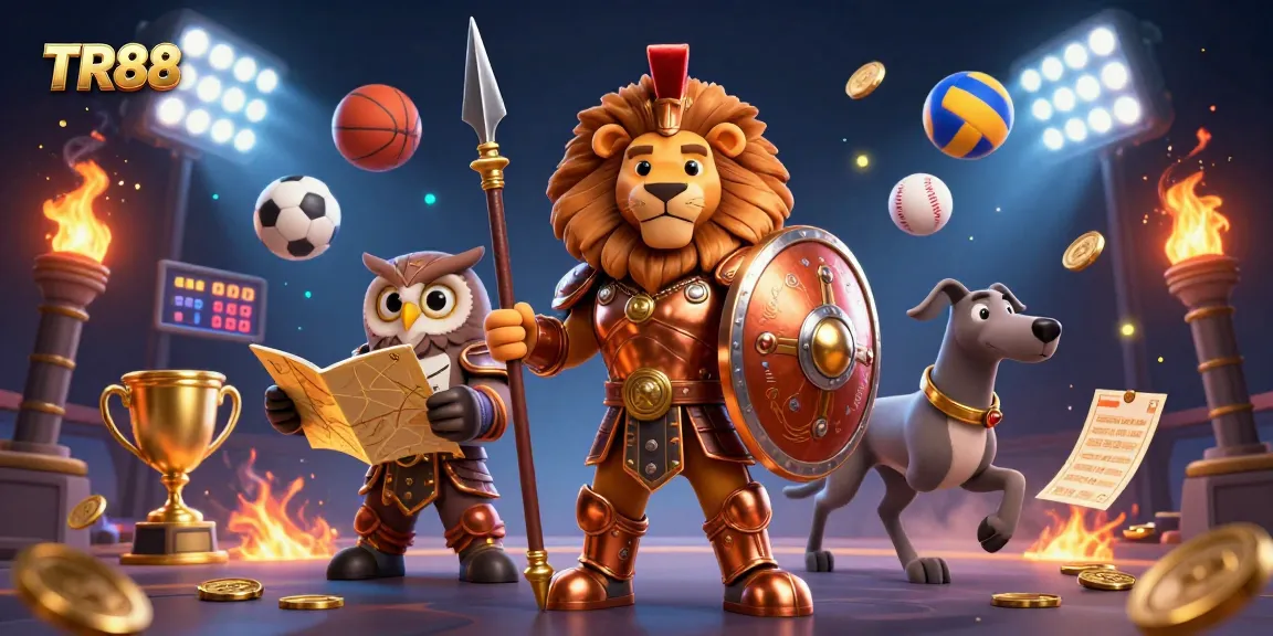 TR88 sports betting scene with 3D Spartan lion, tactical owl, and greyhound amidst dynamic sports elements