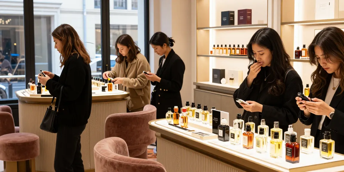 Discovering Razavage's affordable luxury fragrances in a chic boutique setting.