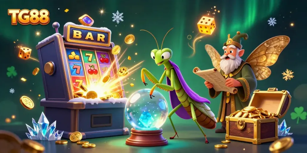 Engaging scene with TG88 characters showcasing vibrant gaming excitement alongside a immersive 3D slot machine.