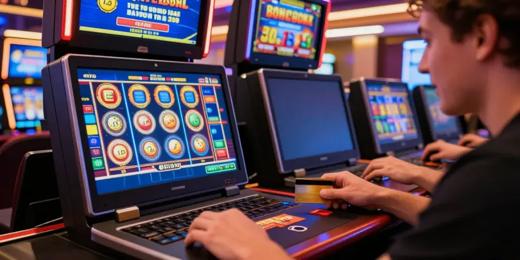 Exciting player engaging at credit card casinos UK online, surrounded by vibrant slot game visuals.