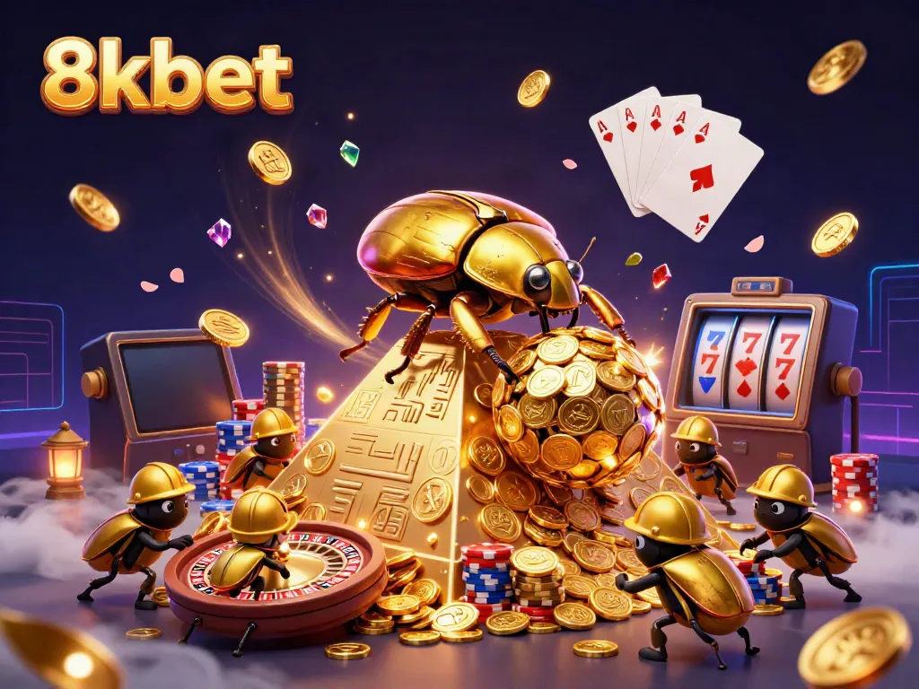 Experience the excitement of 8xbet as you watch a golden beetle rolling coins in a vibrant casino scene.