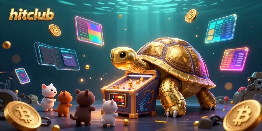 Engage in the hitclub gaming fun with a cartoon tortoise pinball machine surrounded by sparkling crypto elements.
