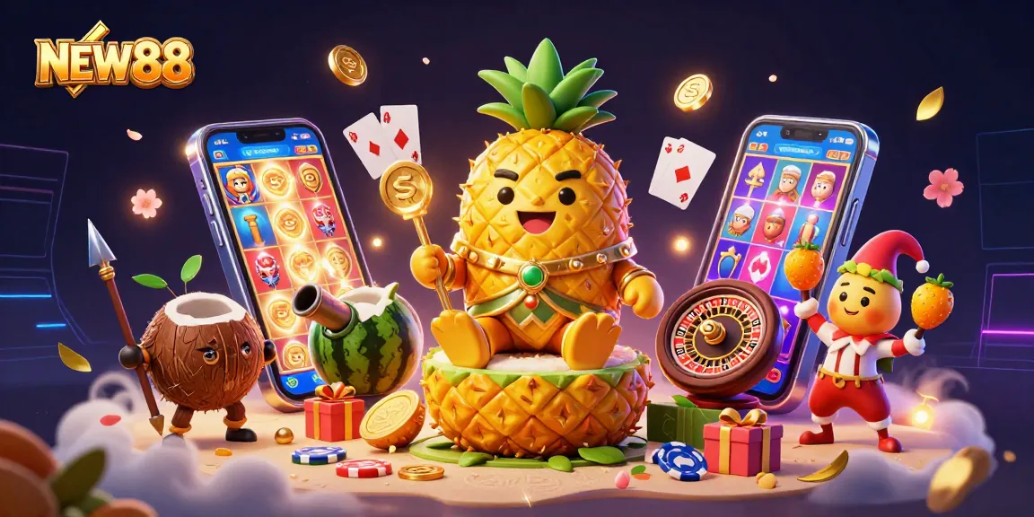 Experience the vibrant energy of NEW88's casino scene with lucky characters and thrilling game elements.