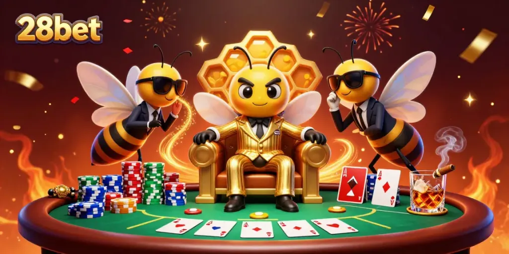 Experience the excitement of 28bet with a vibrant 3D casino scene featuring a mob boss, poker elements, and celebrating characters.