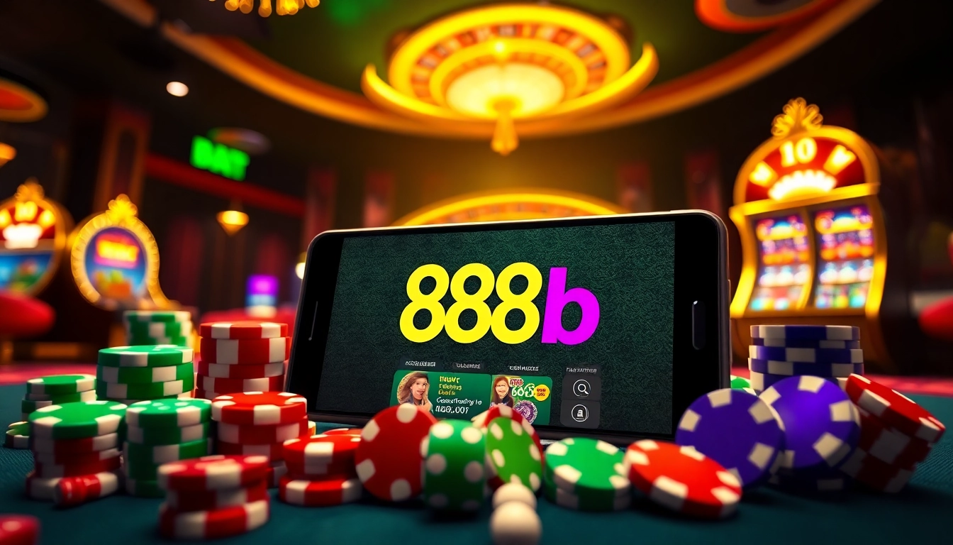 Engage with 888b online casino while betting among vibrant poker chips and slot machines.