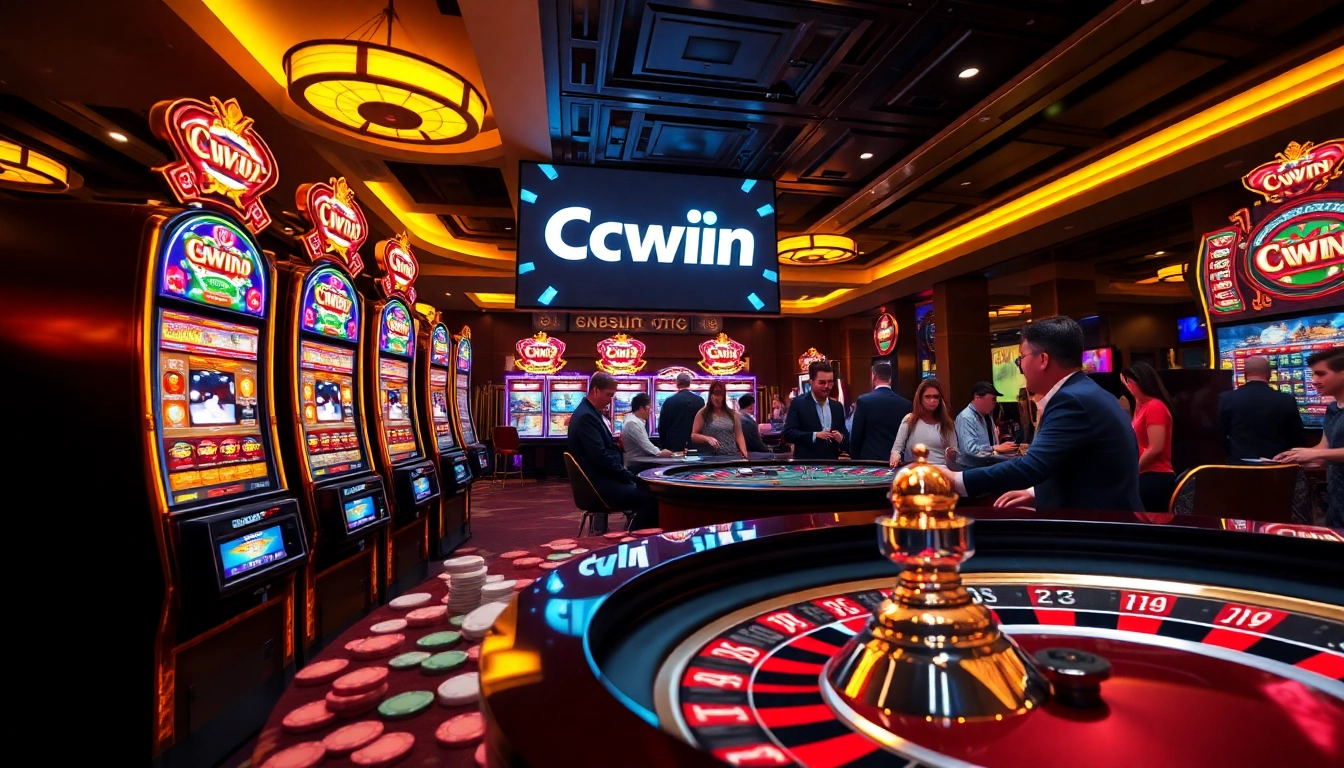 Cwin logo displayed prominently in a lively casino scene with slot machines and engaged players.